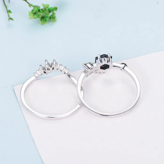 PENFINE Rings Vintage Blue Sandstone Engagement Ring Set Unique Galaxy Wedding Ring Set Rose Gold Cluster Black Onyx Bridal Set Women Anniversary Gift PENFINE Rings Vintage Blue Sandstone Engagement Ring Set Unique Galaxy Wedding Ring Set Rose Gold Cluster Black Onyx Bridal Set Women Anniversary Gift