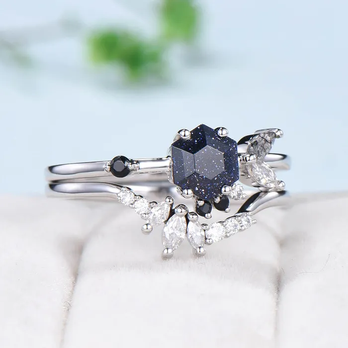 PENFINE Rings Vintage Blue Sandstone Engagement Ring Set Unique Galaxy Wedding Ring Set Rose Gold Cluster Black Onyx Bridal Set Women Anniversary Gift PENFINE Rings Vintage Blue Sandstone Engagement Ring Set Unique Galaxy Wedding Ring Set Rose Gold Cluster Black Onyx Bridal Set Women Anniversary Gift