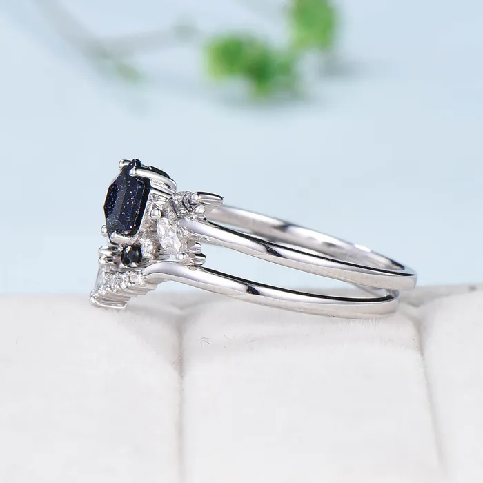 PENFINE Rings Vintage Blue Sandstone Engagement Ring Set Unique Galaxy Wedding Ring Set Rose Gold Cluster Black Onyx Bridal Set Women Anniversary Gift PENFINE Rings Vintage Blue Sandstone Engagement Ring Set Unique Galaxy Wedding Ring Set Rose Gold Cluster Black Onyx Bridal Set Women Anniversary Gift