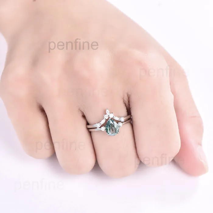 PENFINE Three Stone Pear Shaped Moss Agate Bridal Ring Set Rings PENFINE Three Stone Pear Shaped Moss Agate Bridal Ring Set Rings