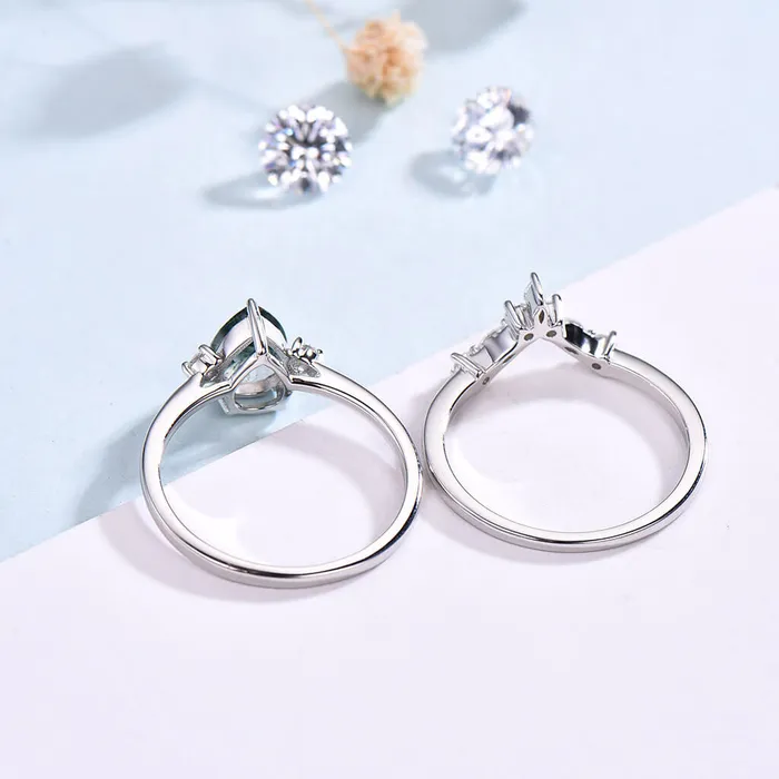 PENFINE Three Stone Pear Shaped Moss Agate Bridal Ring Set Rings PENFINE Three Stone Pear Shaped Moss Agate Bridal Ring Set Rings