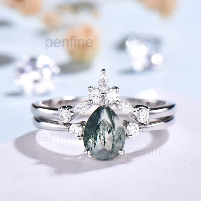 PENFINE Three Stone Pear Shaped Moss Agate Bridal Ring Set Rings PENFINE Three Stone Pear Shaped Moss Agate Bridal Ring Set Rings