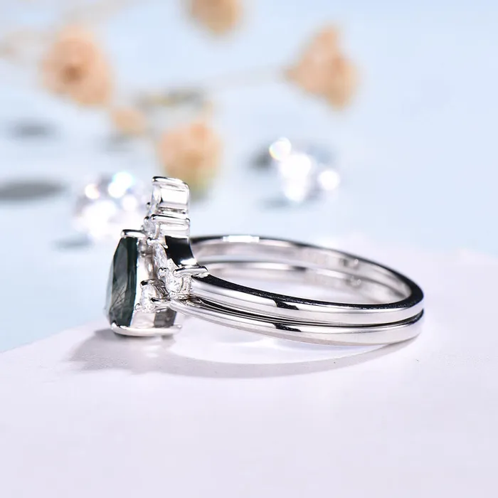 PENFINE Three Stone Pear Shaped Moss Agate Bridal Ring Set Rings PENFINE Three Stone Pear Shaped Moss Agate Bridal Ring Set Rings