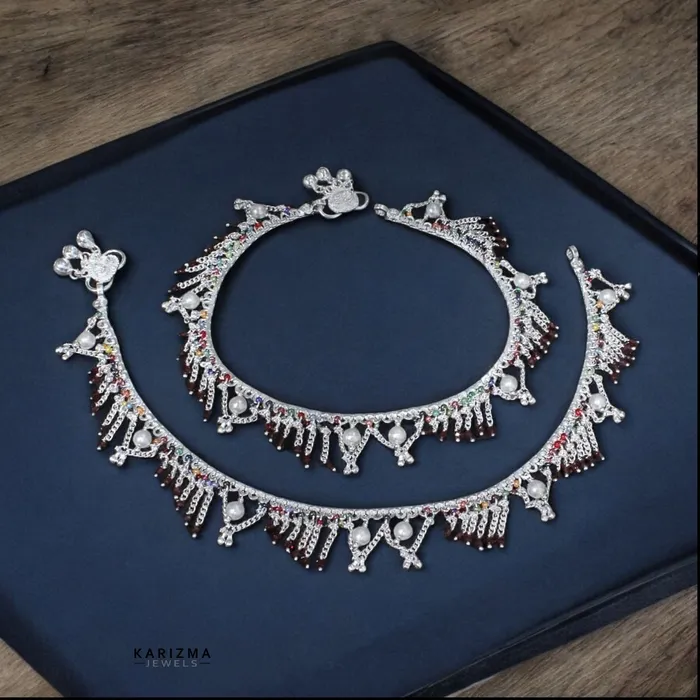 Real Sterling Silver Multi Beads Indian women Jhallar Pearl Anklets Ankle Pair 105 Karizma Jewels Rings Real Sterling Silver Multi Beads Indian women Jhallar Pearl Anklets Ankle Pair 105 Karizma Jewels Rings