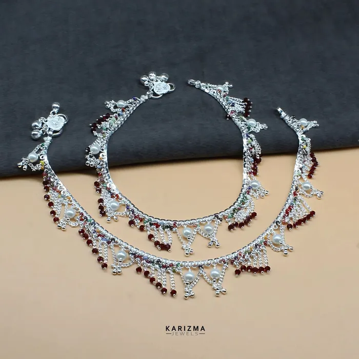 Real Sterling Silver Multi Beads Indian women Jhallar Pearl Anklets Ankle Pair 105 Karizma Jewels Rings