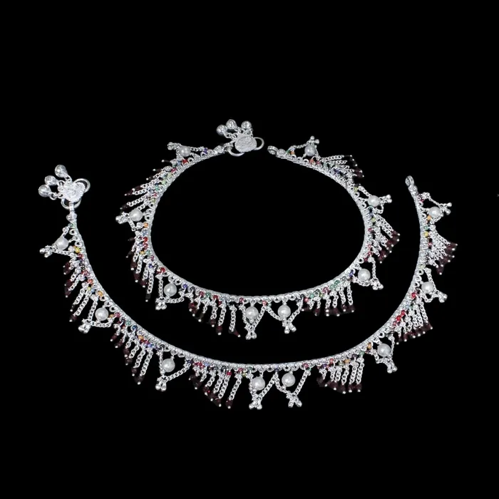 Real Sterling Silver Multi Beads Indian women Jhallar Pearl Anklets Ankle Pair 105 Karizma Jewels Rings