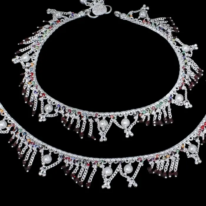Real Sterling Silver Multi Beads Indian women Jhallar Pearl Anklets Ankle Pair 105 Karizma Jewels Rings