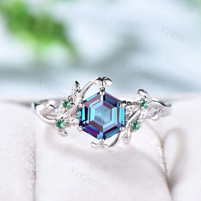 Rings 14K Rose Gold Vintage alexandrite ring Unique Leaf vine wedding ring women Hexagon cut engagement ring cluster emerald alternative ring PENFINE Rings 14K Rose Gold Vintage alexandrite ring Unique Leaf vine wedding ring women Hexagon cut engagement ring cluster emerald alternative ring PENFINE