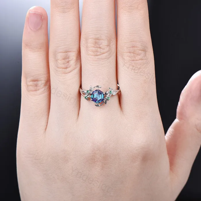 Rings 14K Rose Gold Vintage alexandrite ring Unique Leaf vine wedding ring women Hexagon cut engagement ring cluster emerald alternative ring PENFINE Rings 14K Rose Gold Vintage alexandrite ring Unique Leaf vine wedding ring women Hexagon cut engagement ring cluster emerald alternative ring PENFINE