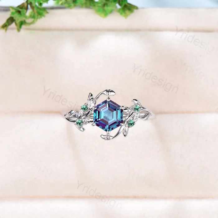Rings 14K Rose Gold Vintage alexandrite ring Unique Leaf vine wedding ring women Hexagon cut engagement ring cluster emerald alternative ring PENFINE Rings 14K Rose Gold Vintage alexandrite ring Unique Leaf vine wedding ring women Hexagon cut engagement ring cluster emerald alternative ring PENFINE