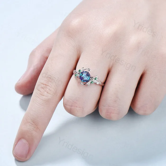 Rings 14K Rose Gold Vintage alexandrite ring Unique Leaf vine wedding ring women Hexagon cut engagement ring cluster emerald alternative ring PENFINE Rings 14K Rose Gold Vintage alexandrite ring Unique Leaf vine wedding ring women Hexagon cut engagement ring cluster emerald alternative ring PENFINE