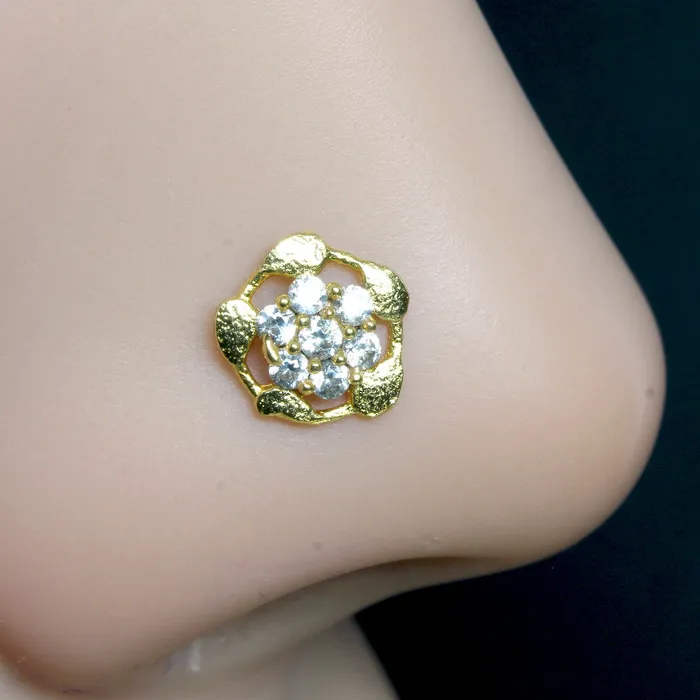 Rings Gold Plated Floral Women Nose Stud CZ Twisted nose ring 22g Karizma Jewels