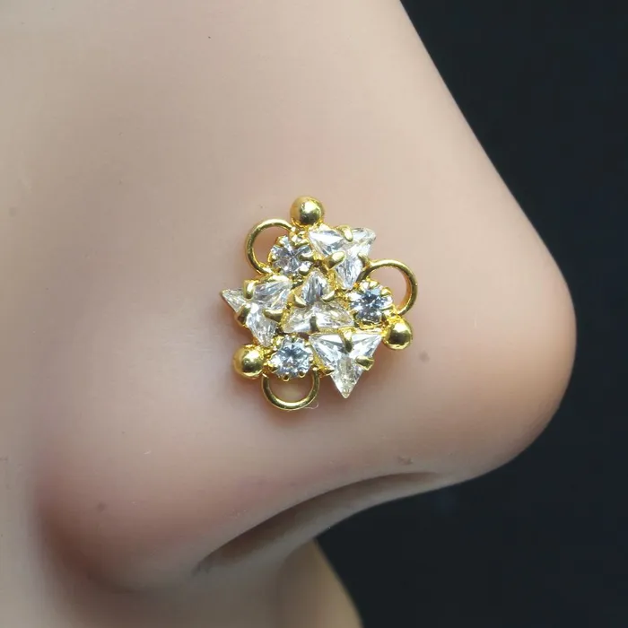 Rings Karizma Jewels 16g Indian Nose ring White CZ gold plated Piercing Nose stud push pin Rings Karizma Jewels 16g Indian Nose ring White CZ gold plated Piercing Nose stud push pin