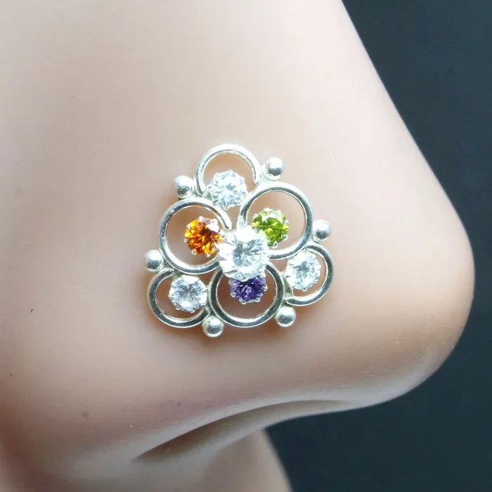 Rings Karizma Jewels Real 925 Silver Nose Stud Multi CZ Twisted nose ring L Bend Rings Karizma Jewels Real 925 Silver Nose Stud Multi CZ Twisted nose ring L Bend