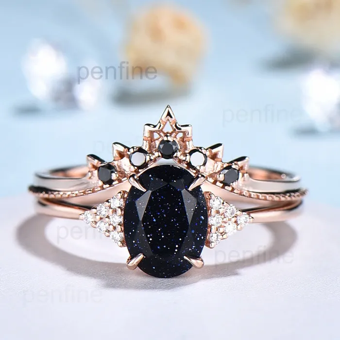 Rings Oval blue sandstone engagement ring set cluster moissanite Galaxy vintage unique wedding ring black diamond promise ring for women PENFINE Rings Oval blue sandstone engagement ring set cluster moissanite Galaxy vintage unique wedding ring black diamond promise ring for women PENFINE