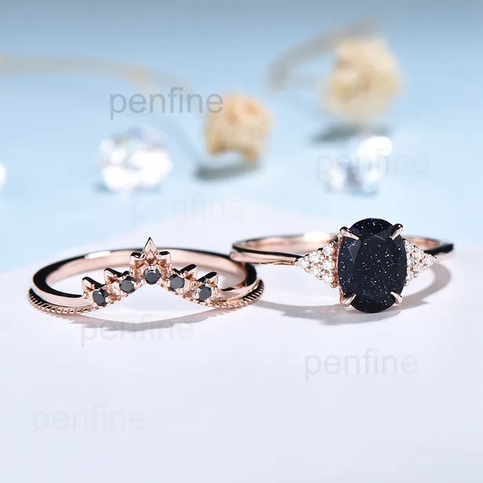 Rings Oval blue sandstone engagement ring set cluster moissanite Galaxy vintage unique wedding ring black diamond promise ring for women PENFINE Rings Oval blue sandstone engagement ring set cluster moissanite Galaxy vintage unique wedding ring black diamond promise ring for women PENFINE