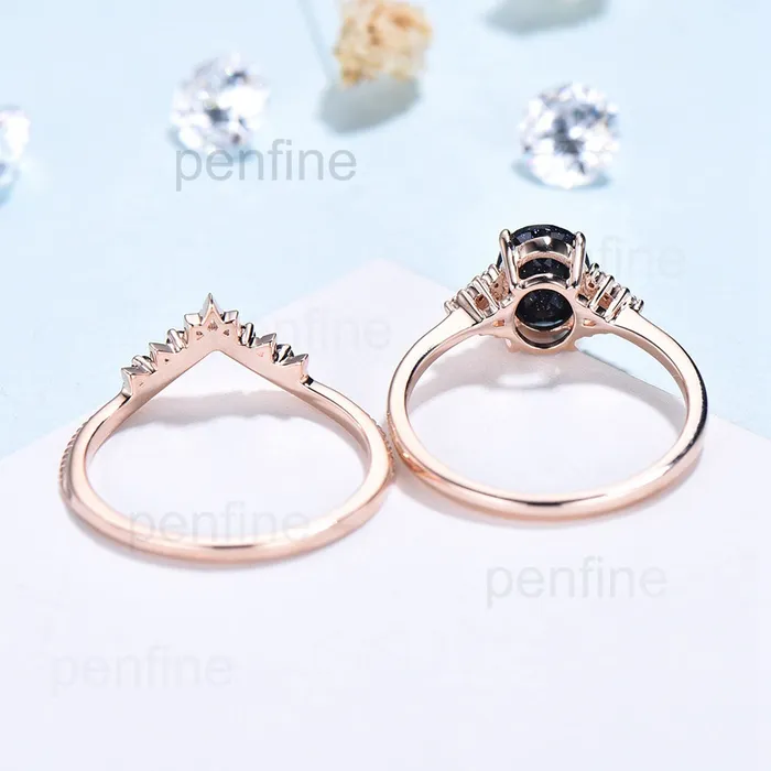 Rings Oval blue sandstone engagement ring set cluster moissanite Galaxy vintage unique wedding ring black diamond promise ring for women PENFINE Rings Oval blue sandstone engagement ring set cluster moissanite Galaxy vintage unique wedding ring black diamond promise ring for women PENFINE