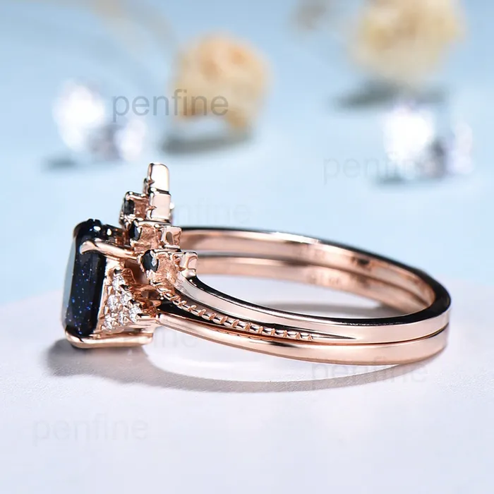 Rings Oval blue sandstone engagement ring set cluster moissanite Galaxy vintage unique wedding ring black diamond promise ring for women PENFINE Rings Oval blue sandstone engagement ring set cluster moissanite Galaxy vintage unique wedding ring black diamond promise ring for women PENFINE