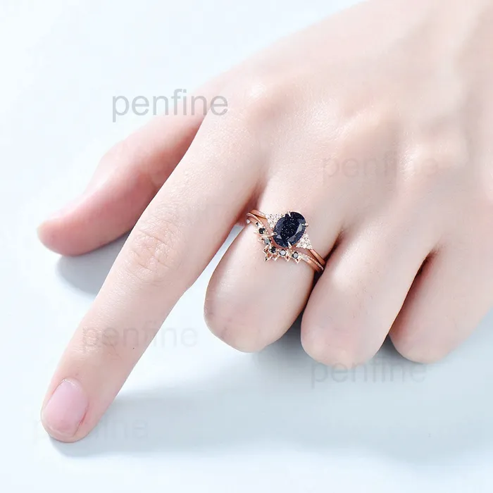 Rings Oval blue sandstone engagement ring set cluster moissanite Galaxy vintage unique wedding ring black diamond promise ring for women PENFINE Rings Oval blue sandstone engagement ring set cluster moissanite Galaxy vintage unique wedding ring black diamond promise ring for women PENFINE