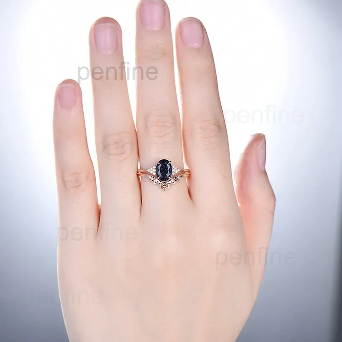 Rings Oval blue sandstone engagement ring set cluster moissanite Galaxy vintage unique wedding ring black diamond promise ring for women PENFINE Rings Oval blue sandstone engagement ring set cluster moissanite Galaxy vintage unique wedding ring black diamond promise ring for women PENFINE