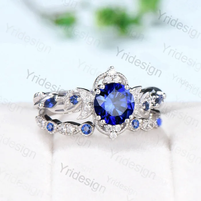 Rings PENFINE Crescent Moon Blue Sapphire Engagement Ring Set Unique Nature Inspired Wedding Ring Art Deco Open Gap Sapphire Bridal Ring Set for Women