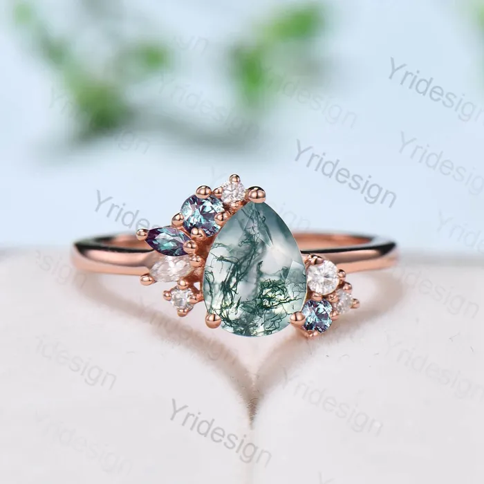 Rings PENFINE Pear shaped moss agate ring rose gold vintage unique engagement ring cluster alexandrite ring art deco moissanite promise ring for women Rings PENFINE Pear shaped moss agate ring rose gold vintage unique engagement ring cluster alexandrite ring art deco moissanite promise ring for women