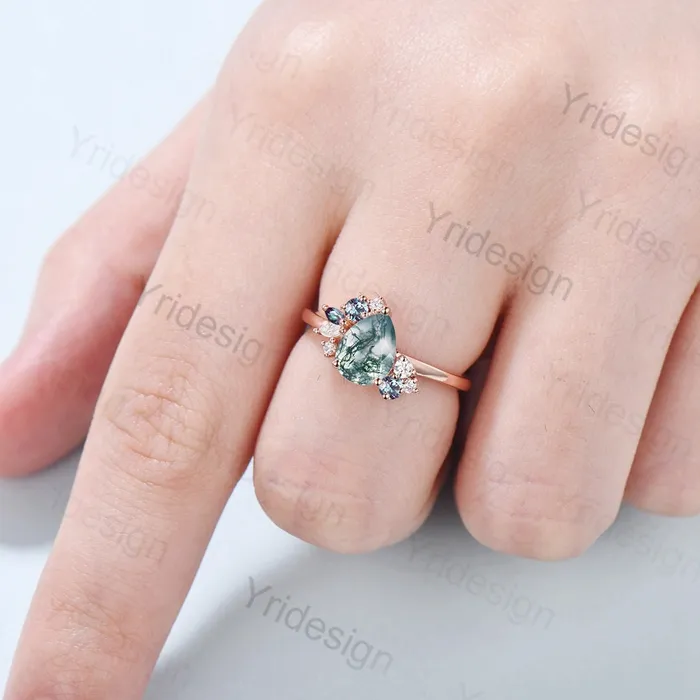 Rings PENFINE Pear shaped moss agate ring rose gold vintage unique engagement ring cluster alexandrite ring art deco moissanite promise ring for women Rings PENFINE Pear shaped moss agate ring rose gold vintage unique engagement ring cluster alexandrite ring art deco moissanite promise ring for women