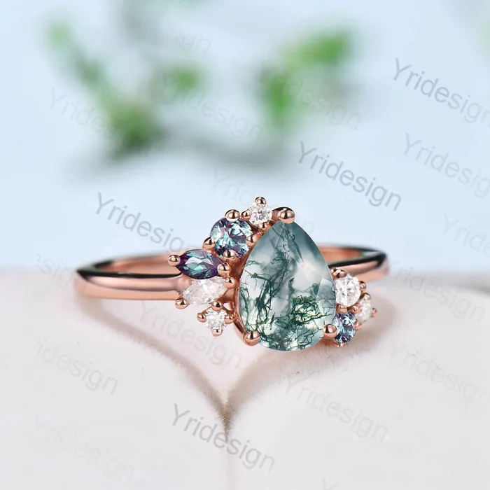 Rings PENFINE Pear shaped moss agate ring rose gold vintage unique engagement ring cluster alexandrite ring art deco moissanite promise ring for women Rings PENFINE Pear shaped moss agate ring rose gold vintage unique engagement ring cluster alexandrite ring art deco moissanite promise ring for women
