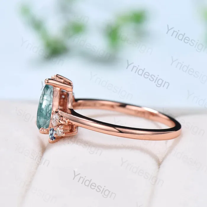 Rings PENFINE Pear shaped moss agate ring rose gold vintage unique engagement ring cluster alexandrite ring art deco moissanite promise ring for women Rings PENFINE Pear shaped moss agate ring rose gold vintage unique engagement ring cluster alexandrite ring art deco moissanite promise ring for women
