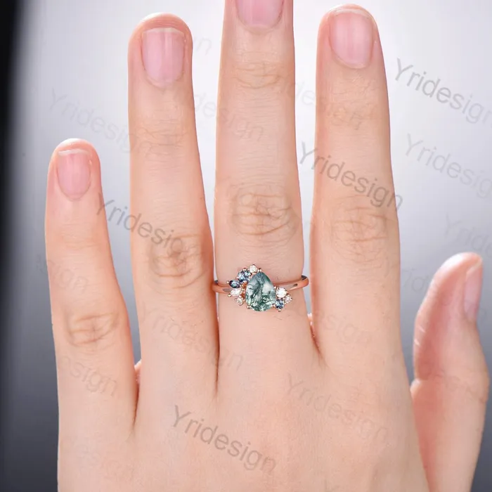 Rings PENFINE Pear shaped moss agate ring rose gold vintage unique engagement ring cluster alexandrite ring art deco moissanite promise ring for women Rings PENFINE Pear shaped moss agate ring rose gold vintage unique engagement ring cluster alexandrite ring art deco moissanite promise ring for women