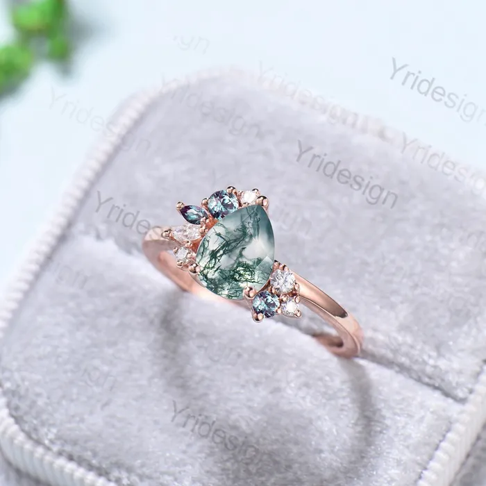 Rings PENFINE Pear shaped moss agate ring rose gold vintage unique engagement ring cluster alexandrite ring art deco moissanite promise ring for women Rings PENFINE Pear shaped moss agate ring rose gold vintage unique engagement ring cluster alexandrite ring art deco moissanite promise ring for women