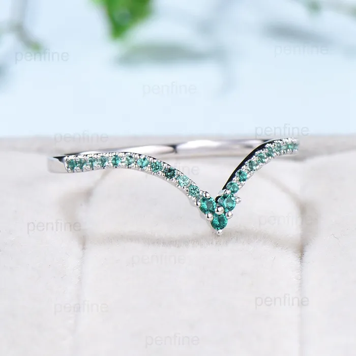 Rings PENFINE Vintage Emerald Wedding Band Deep Curved V lab emerald wedding ring Retro half eternity olivia 14k white gold Stacking matching band for mon Rings PENFINE Vintage Emerald Wedding Band Deep Curved V lab emerald wedding ring Retro half eternity olivia 14k white gold Stacking matching band for mon