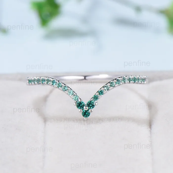 Rings PENFINE Vintage Emerald Wedding Band Deep Curved V lab emerald wedding ring Retro half eternity olivia 14k white gold Stacking matching band for mon Rings PENFINE Vintage Emerald Wedding Band Deep Curved V lab emerald wedding ring Retro half eternity olivia 14k white gold Stacking matching band for mon