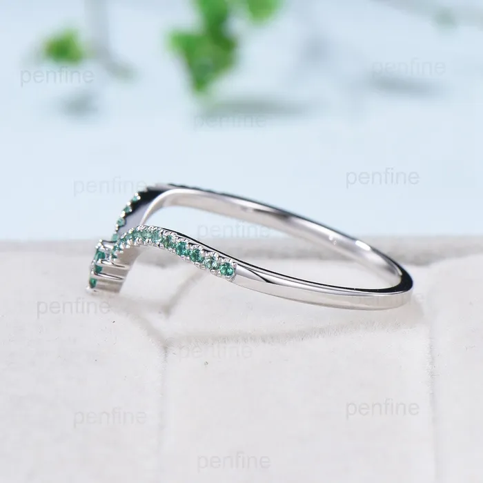 Rings PENFINE Vintage Emerald Wedding Band Deep Curved V lab emerald wedding ring Retro half eternity olivia 14k white gold Stacking matching band for mon Rings PENFINE Vintage Emerald Wedding Band Deep Curved V lab emerald wedding ring Retro half eternity olivia 14k white gold Stacking matching band for mon