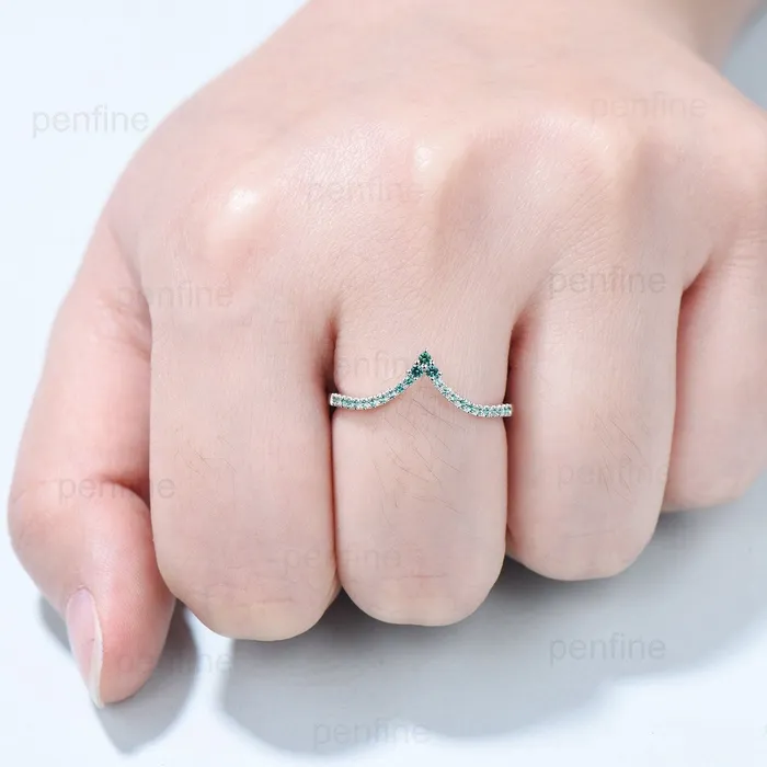 Rings PENFINE Vintage Emerald Wedding Band Deep Curved V lab emerald wedding ring Retro half eternity olivia 14k white gold Stacking matching band for mon Rings PENFINE Vintage Emerald Wedding Band Deep Curved V lab emerald wedding ring Retro half eternity olivia 14k white gold Stacking matching band for mon