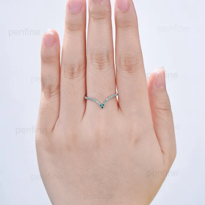 Rings PENFINE Vintage Emerald Wedding Band Deep Curved V lab emerald wedding ring Retro half eternity olivia 14k white gold Stacking matching band for mon Rings PENFINE Vintage Emerald Wedding Band Deep Curved V lab emerald wedding ring Retro half eternity olivia 14k white gold Stacking matching band for mon