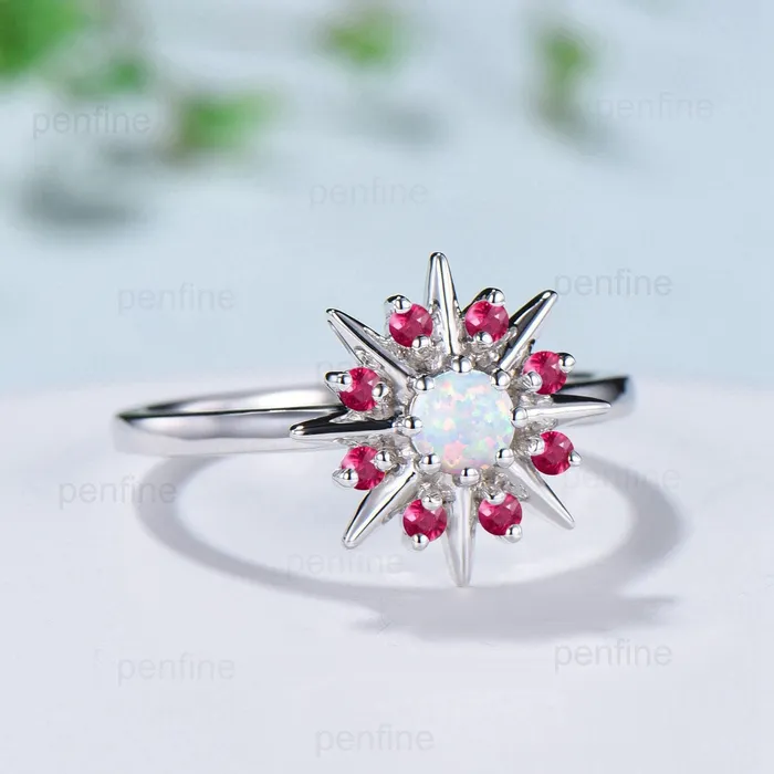 Rings PENFINE Vintage Galaxy Star Fire Opal Engagement Ring Sunflower White Gold Art Deco Opal Ruby Stacking Promise Ring Handmade Proposal Gifts Women