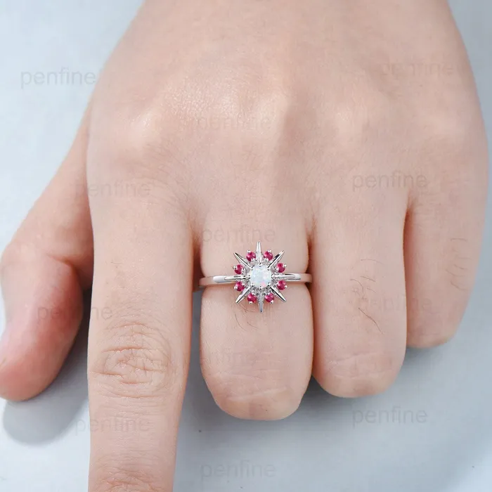 Rings PENFINE Vintage Galaxy Star Fire Opal Engagement Ring Sunflower White Gold Art Deco Opal Ruby Stacking Promise Ring Handmade Proposal Gifts Women Rings PENFINE Vintage Galaxy Star Fire Opal Engagement Ring Sunflower White Gold Art Deco Opal Ruby Stacking Promise Ring Handmade Proposal Gifts Women