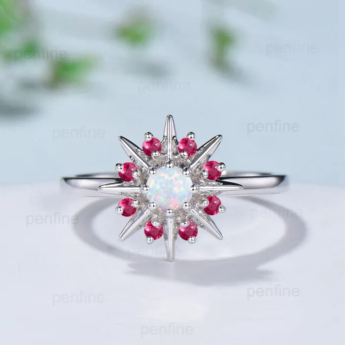 Rings PENFINE Vintage Galaxy Star Fire Opal Engagement Ring Sunflower White Gold Art Deco Opal Ruby Stacking Promise Ring Handmade Proposal Gifts Women Rings PENFINE Vintage Galaxy Star Fire Opal Engagement Ring Sunflower White Gold Art Deco Opal Ruby Stacking Promise Ring Handmade Proposal Gifts Women