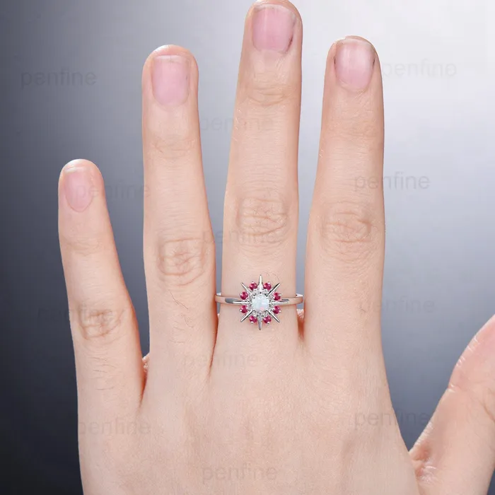Rings PENFINE Vintage Galaxy Star Fire Opal Engagement Ring Sunflower White Gold Art Deco Opal Ruby Stacking Promise Ring Handmade Proposal Gifts Women Rings PENFINE Vintage Galaxy Star Fire Opal Engagement Ring Sunflower White Gold Art Deco Opal Ruby Stacking Promise Ring Handmade Proposal Gifts Women