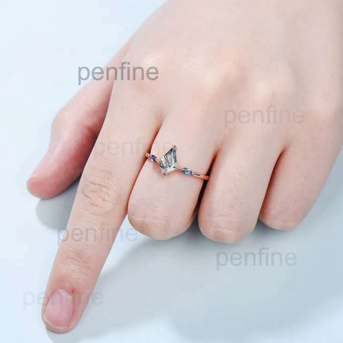 Rings PENFINE Vintage kite cut green moss agate engagement ring 14k rose gold marquise cut alexandrite ring for women unique bridal wedding ring for her Rings PENFINE Vintage kite cut green moss agate engagement ring 14k rose gold marquise cut alexandrite ring for women unique bridal wedding ring for her