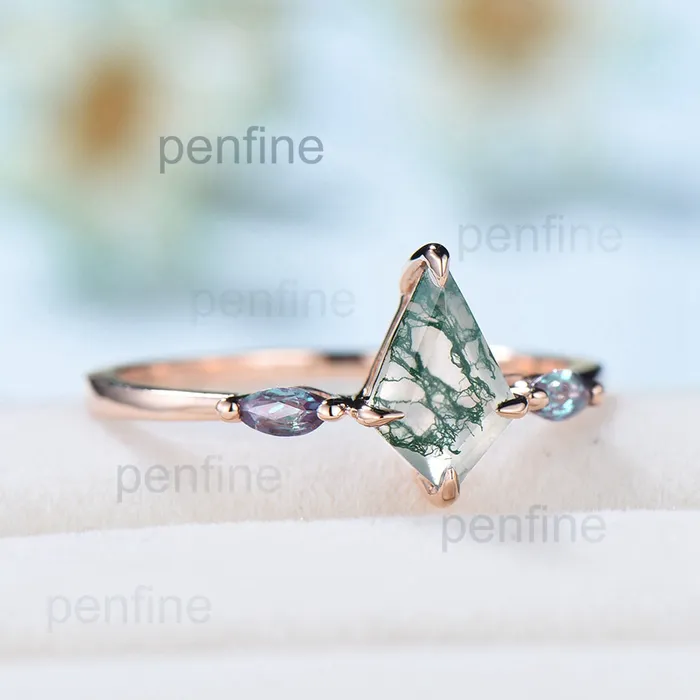 Rings PENFINE Vintage kite cut green moss agate engagement ring 14k rose gold marquise cut alexandrite ring for women unique bridal wedding ring for her Rings PENFINE Vintage kite cut green moss agate engagement ring 14k rose gold marquise cut alexandrite ring for women unique bridal wedding ring for her