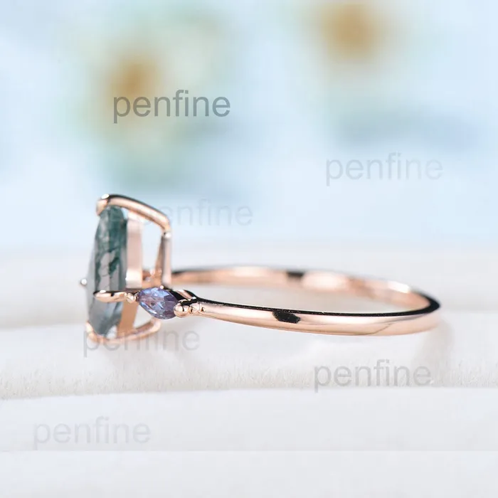 Rings PENFINE Vintage kite cut green moss agate engagement ring 14k rose gold marquise cut alexandrite ring for women unique bridal wedding ring for her Rings PENFINE Vintage kite cut green moss agate engagement ring 14k rose gold marquise cut alexandrite ring for women unique bridal wedding ring for her