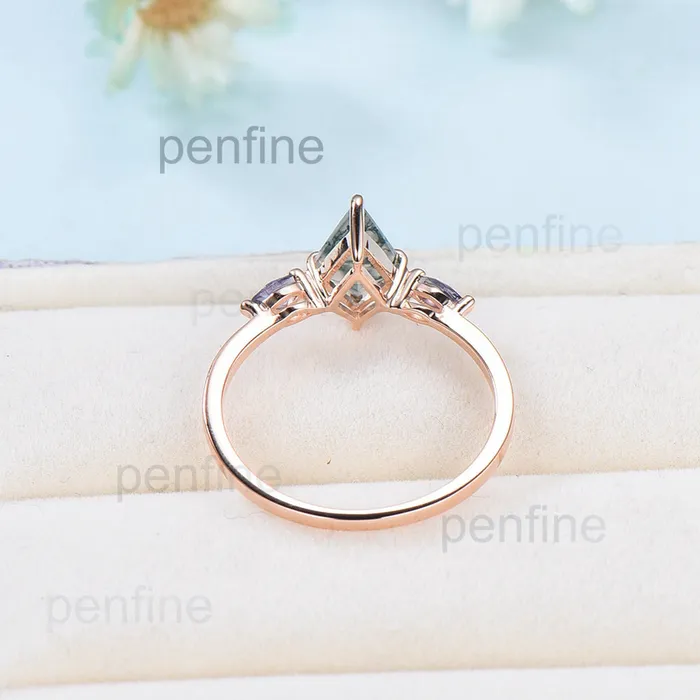 Rings PENFINE Vintage kite cut green moss agate engagement ring 14k rose gold marquise cut alexandrite ring for women unique bridal wedding ring for her Rings PENFINE Vintage kite cut green moss agate engagement ring 14k rose gold marquise cut alexandrite ring for women unique bridal wedding ring for her