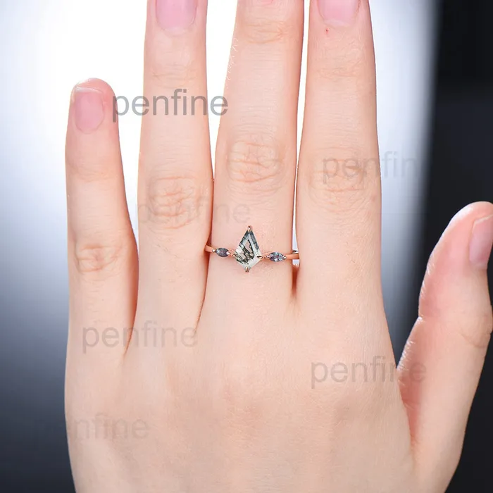 Rings PENFINE Vintage kite cut green moss agate engagement ring 14k rose gold marquise cut alexandrite ring for women unique bridal wedding ring for her Rings PENFINE Vintage kite cut green moss agate engagement ring 14k rose gold marquise cut alexandrite ring for women unique bridal wedding ring for her