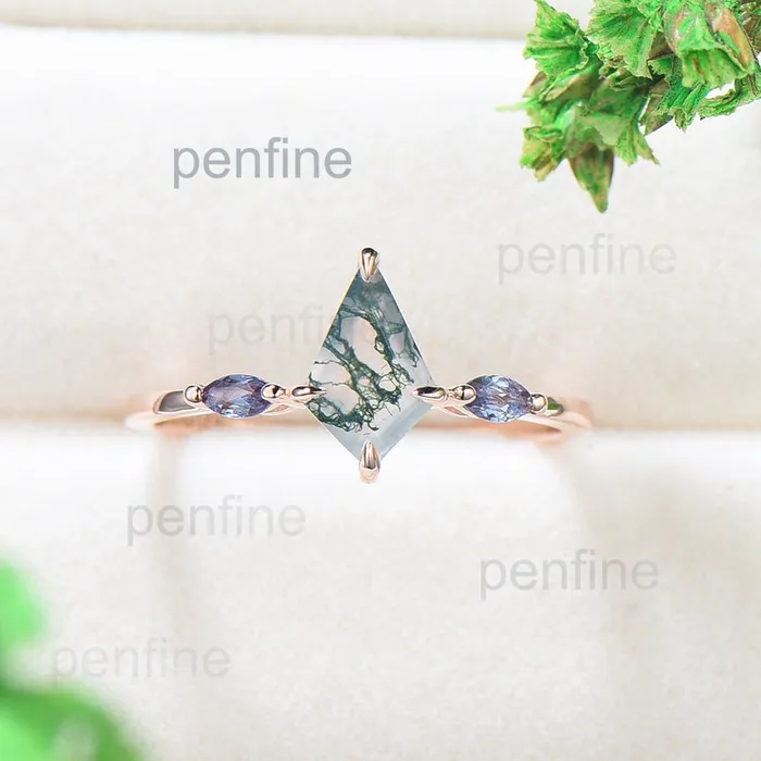Rings PENFINE Vintage kite cut green moss agate engagement ring 14k rose gold marquise cut alexandrite ring for women unique bridal wedding ring for her Rings PENFINE Vintage kite cut green moss agate engagement ring 14k rose gold marquise cut alexandrite ring for women unique bridal wedding ring for her