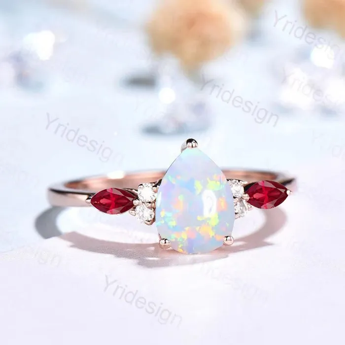Rings Retro Pear Shaped Opal Ring Rose Gold Fire Opal Ruby Engagement Ring Seven Stone Cluster Promise Ring October Birthstone Anniversary gift PENFINE Rings Retro Pear Shaped Opal Ring Rose Gold Fire Opal Ruby Engagement Ring Seven Stone Cluster Promise Ring October Birthstone Anniversary gift PENFINE