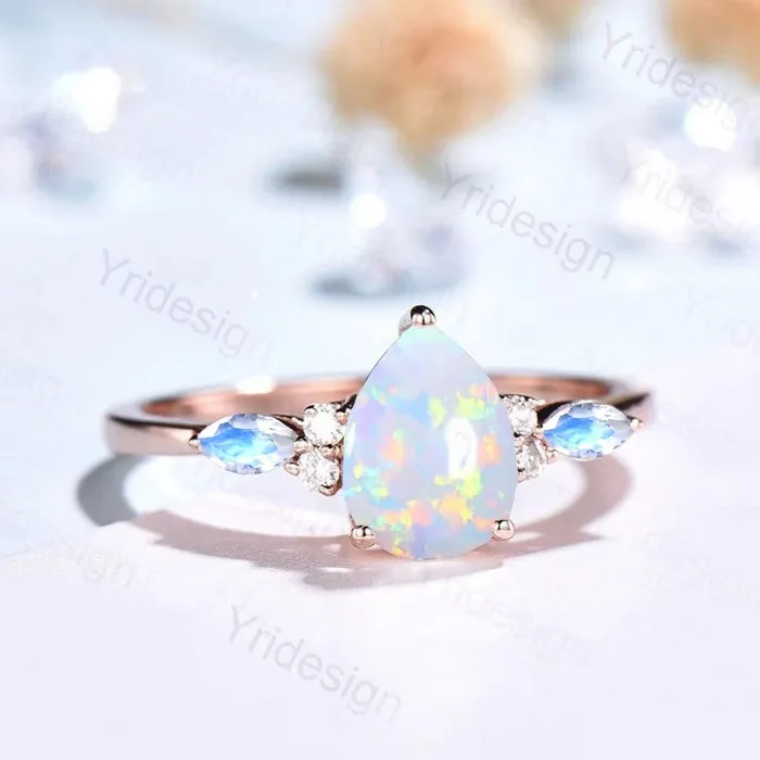 Rings Retro Pear Shaped Opal Ring Rose Gold Fire Opal Ruby Engagement Ring Seven Stone Cluster Promise Ring October Birthstone Anniversary gift PENFINE Rings Retro Pear Shaped Opal Ring Rose Gold Fire Opal Ruby Engagement Ring Seven Stone Cluster Promise Ring October Birthstone Anniversary gift PENFINE