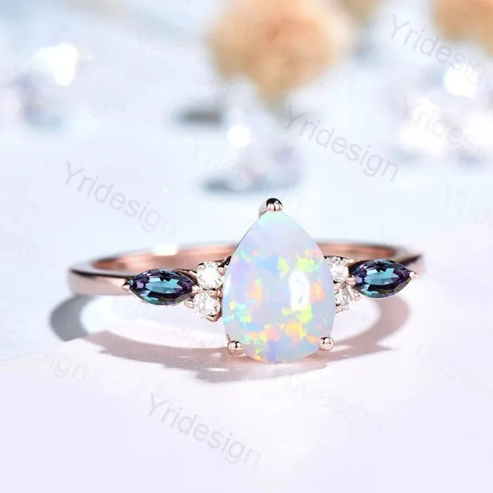 Rings Retro Pear Shaped Opal Ring Rose Gold Fire Opal Ruby Engagement Ring Seven Stone Cluster Promise Ring October Birthstone Anniversary gift PENFINE Rings Retro Pear Shaped Opal Ring Rose Gold Fire Opal Ruby Engagement Ring Seven Stone Cluster Promise Ring October Birthstone Anniversary gift PENFINE