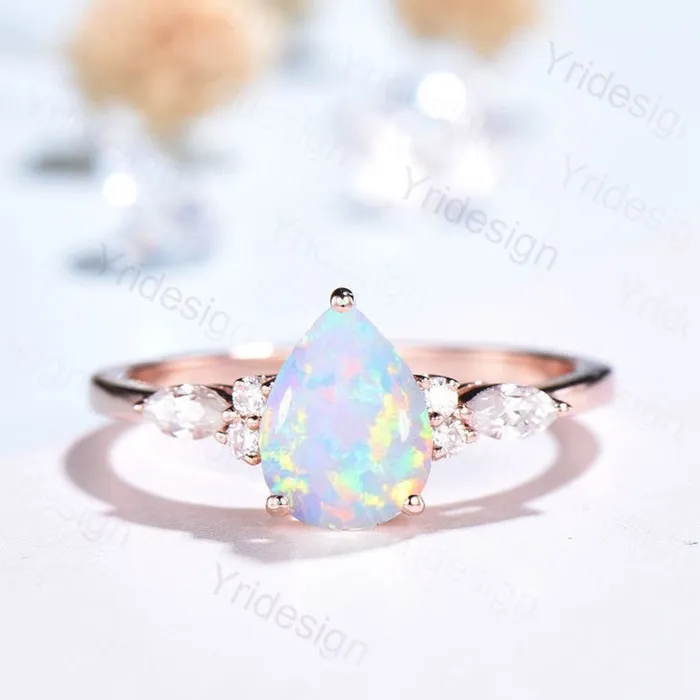 Rings Retro Pear Shaped Opal Ring Rose Gold Fire Opal Ruby Engagement Ring Seven Stone Cluster Promise Ring October Birthstone Anniversary gift PENFINE Rings Retro Pear Shaped Opal Ring Rose Gold Fire Opal Ruby Engagement Ring Seven Stone Cluster Promise Ring October Birthstone Anniversary gift PENFINE